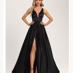 JJs House Black V-Neck Floor-Length Satin Dress Size 6